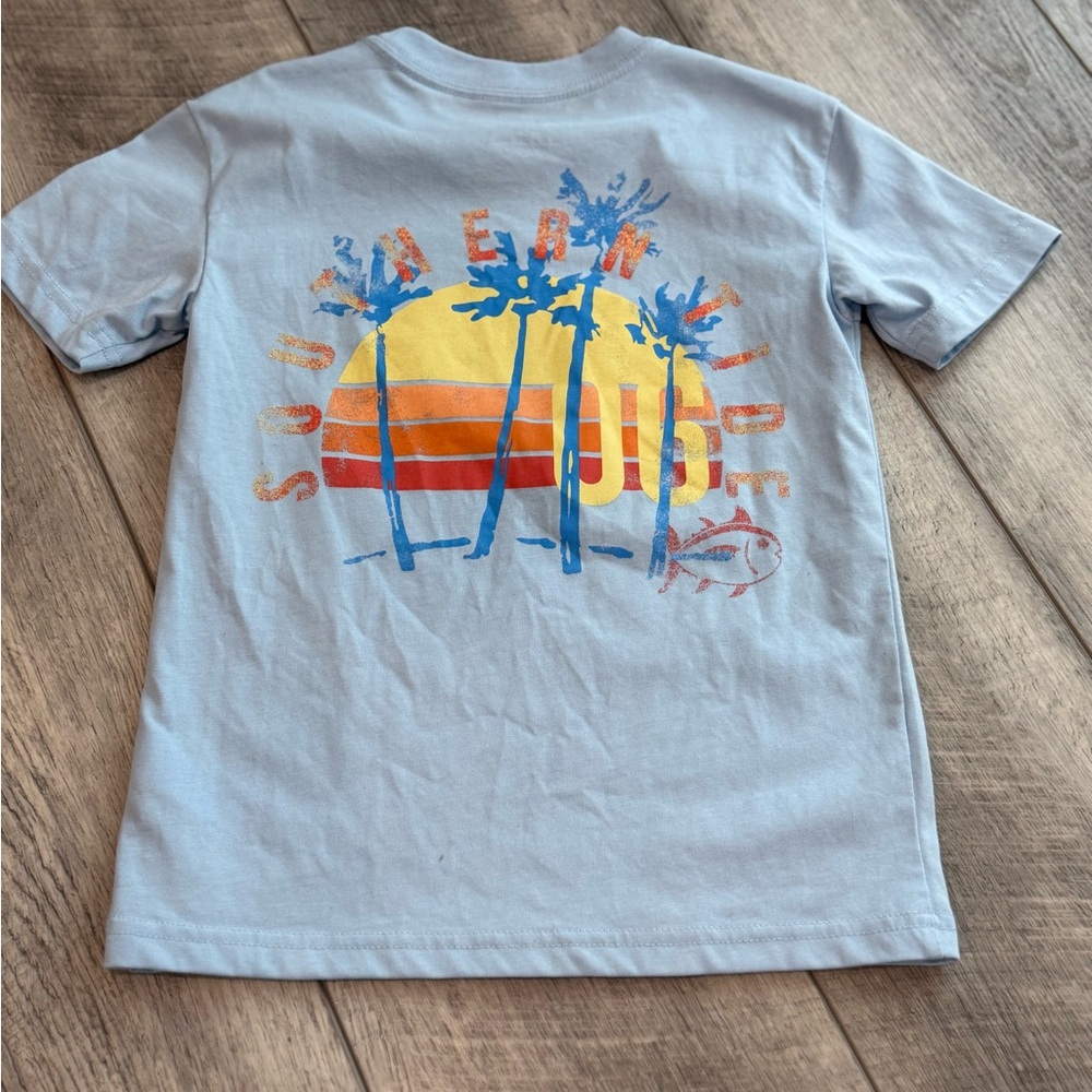 Southern Tide Light Blue Tee with Sunset Palm Graphic